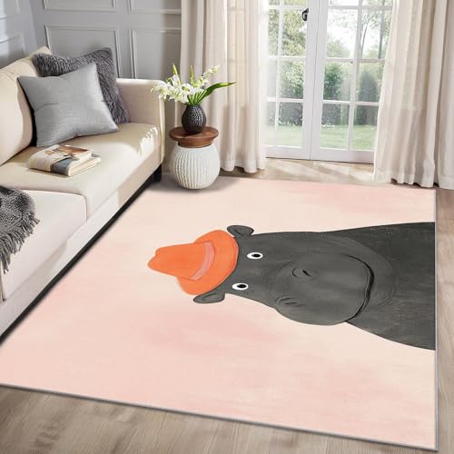 MMYAOKEN Kinder Teppich Wohnzimmer 60x90 Nilpferd Cartoon Tiere Deko, Kleiner Teppich Kurzflor, Weich rutschfest Waschbare Teppiche, Fußmatte Bettvorleger Schlafzimmer Kinderzimmer von MMYAOKEN
