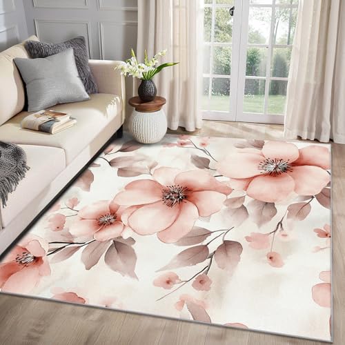 MMYAOKEN Kirschblüten Teppich Wohnzimmer 50x80 Rosa Blumen Botanisch Deko, Kleiner Teppich Kurzflor, Weich rutschfest Waschbare Teppiche, Fußmatte Bettvorleger Schlafzimmer Kinderzimmer von MMYAOKEN
