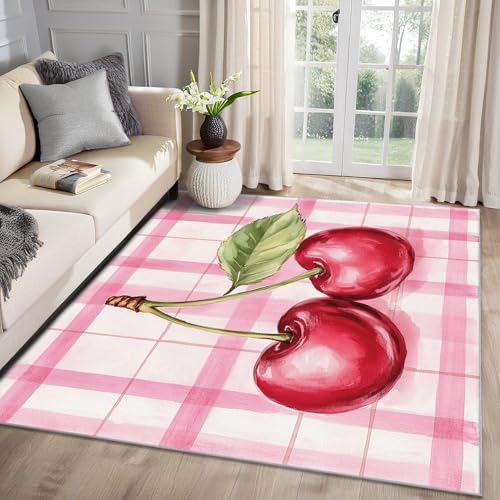 MMYAOKEN Kirsche Teppich Wohnzimmer 50x80 Mädchen Süße Obst Kariert Deko, Kleiner Teppich Kurzflor, Weich rutschfest Waschbare Teppiche, Fußmatte Bettvorleger Schlafzimmer Kinderzimmer von MMYAOKEN