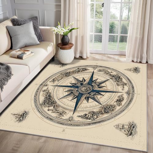 MMYAOKEN Kompass Teppich Wohnzimmer 60x90 Nautisch Segelboot Vintage Beige Deko, Kleiner Teppich Kurzflor, Weich rutschfest Waschbare Teppiche, Fußmatte Bettvorleger Schlafzimmer Kinderzimmer von MMYAOKEN