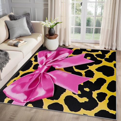 MMYAOKEN Leopardenmuster Teppich Wohnzimmer 60x90 Mädchen Hot Pink Schleifen Deko, Kleiner Teppich Kurzflor, Weich rutschfest Waschbare Teppiche, Fußmatte Bettvorleger Schlafzimmer von MMYAOKEN