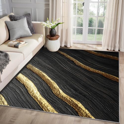 MMYAOKEN Marmor Teppich Wohnzimmer 240x300 Schwarz Gold Modern Abstrakt Deko, Großer Teppich Kurzflor, Weich rutschfest Waschbare Teppiche, Bettvorleger Schlafzimmer Kinderzimmer von MMYAOKEN