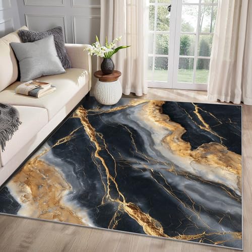 MMYAOKEN Marmor Teppich Wohnzimmer 240x340 Schwarz Gold Modern Abstrakt Deko, Großer Teppich Kurzflor, Weich rutschfest Waschbare Teppiche, Bettvorleger Schlafzimmer Kinderzimmer von MMYAOKEN