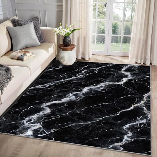 MMYAOKEN Marmor Teppich Wohnzimmer 60x90 Modern Abstrakt Schwarz Weiß Deko, Kleiner Teppich Kurzflor, Weich rutschfest Waschbare Teppiche, Fußmatte Bettvorleger Schlafzimmer Kinderzimmer von MMYAOKEN