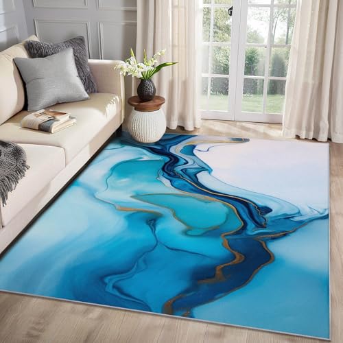 MMYAOKEN Marmor Teppich Wohnzimmer 80x150 Blau Weiß Gold Abstrakt Deko, Teppich Kurzflor, Weich rutschfest Waschbare Teppiche, Fußmatte Bettvorleger Schlafzimmer Kinderzimmer von MMYAOKEN