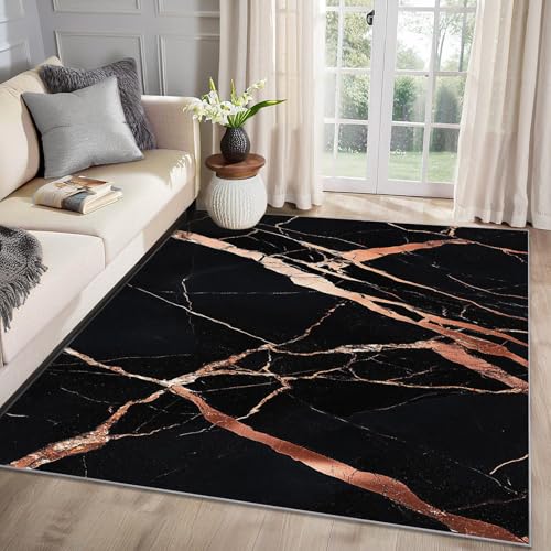 MMYAOKEN Marmor Teppich Wohnzimmer 80x150 Schwarz Gold Modern Deko, Teppich Kurzflor, Weich rutschfest Waschbare Teppiche, Fußmatte Bettvorleger Schlafzimmer Kinderzimmer von MMYAOKEN
