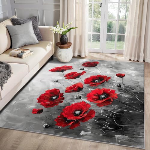 MMYAOKEN Mohnblumen Teppich Wohnzimmer 80x150 Rote Mohn Blumen Deko, Teppich Kurzflor, Weich rutschfest Waschbare Teppiche, Fußmatte Bettvorleger Schlafzimmer Kinderzimmer von MMYAOKEN