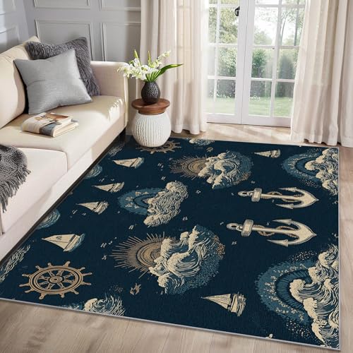 MMYAOKEN Nautisch Teppich Wohnzimmer 120x180 Anker Segelboot Ruder Marineblau Deko, Teppich Kurzflor, Weich rutschfest Waschbare Teppiche, Bettvorleger Schlafzimmer Kinderzimmer von MMYAOKEN