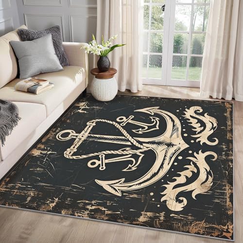 MMYAOKEN Nautisch Teppich Wohnzimmer 40x60 Vintage Rustikale Anker Deko, Kleiner Teppich Kurzflor, Weich rutschfest Waschbare Teppiche, Fußmatte Bettvorleger Schlafzimmer Kinderzimmer von MMYAOKEN