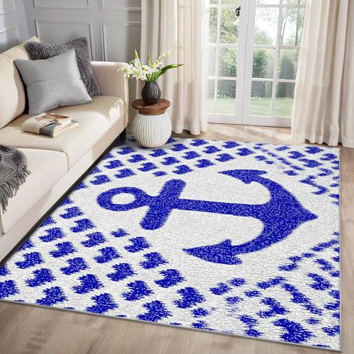 MMYAOKEN Nautische Anker Teppich Wohnzimmer 50x80 Maritime Blau Weiß Deko, Kleiner Teppich Kurzflor, Weich rutschfest Waschbare Teppiche, Fußmatte Bettvorleger Schlafzimmer Kinderzimmer von MMYAOKEN