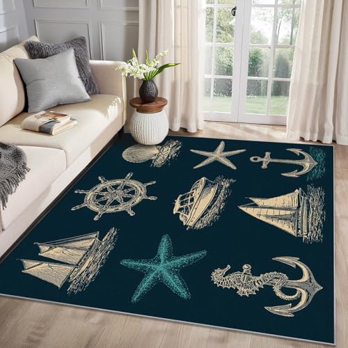MMYAOKEN Nautische Teppich Wohnzimmer 140x200 Anker Segelboot Ruder Deko, Teppich Kurzflor, Weich rutschfest Waschbare Teppiche, Bettvorleger Schlafzimmer Kinderzimmer von MMYAOKEN