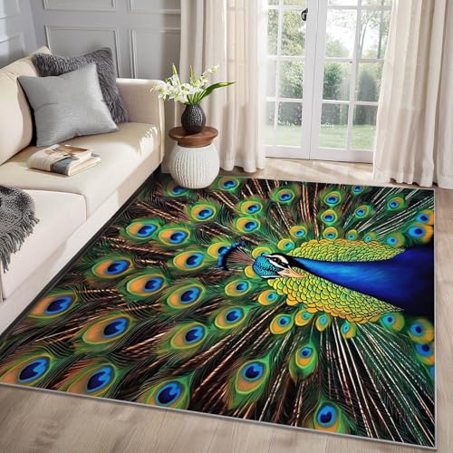 MMYAOKEN Pfau Teppich Wohnzimmer 240x340 Pfauenfeder Deko, Großer Teppich Kurzflor, Weich rutschfest Waschbare Teppiche, Bettvorleger Schlafzimmer Kinderzimmer von MMYAOKEN