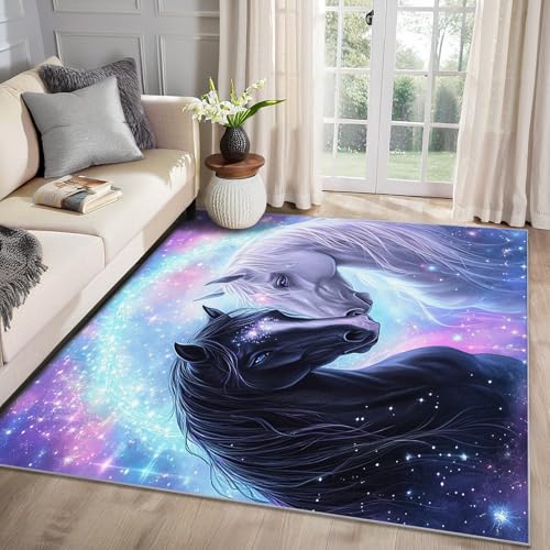 MMYAOKEN Pferd Teppich Wohnzimmer 80x150 Mädchen Pferde Regenbogen Deko, Teppich Kurzflor, Weich rutschfest Waschbare Teppiche, Fußmatte Bettvorleger Schlafzimmer Kinderzimmer von MMYAOKEN