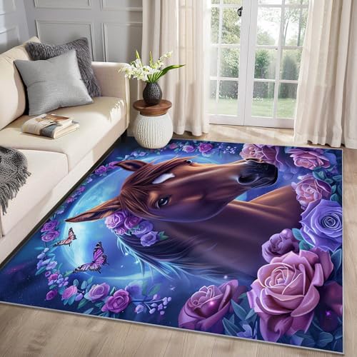 MMYAOKEN Pferde Teppich Wohnzimmer 160x200 Mädchen Pferdemotiv Blumen Deko, Großer Teppich Kurzflor, Weich rutschfest Waschbare Teppiche, Bettvorleger Schlafzimmer Kinderzimmer MMYAOKEN Pferde Teppich Wohnzimmer 160x200 Mädchen Pferdemotiv Blumen Deko, Großer Teppich Kurzflor, Weich rutschfest Waschbare Teppiche, Bettvorleger Schlafzimmer Kinderzimmer von MMYAOKEN