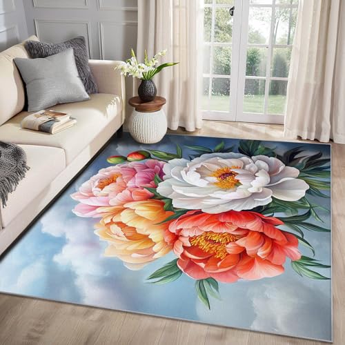 MMYAOKEN Pfingstrosen Teppich Wohnzimmer 160x230 Blumen Chinesischer Stil Deko, Großer Teppich Kurzflor, Weich rutschfest Waschbare Teppiche, Bettvorleger Schlafzimmer Kinderzimmer von MMYAOKEN