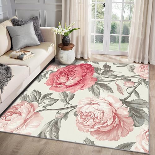 MMYAOKEN Pfingstrosen Teppich Wohnzimmer 60x90 Vintage Blumen Deko, Kleiner Teppich Kurzflor, Weich rutschfest Waschbare Teppiche, Fußmatte Bettvorleger Schlafzimmer Kinderzimmer von MMYAOKEN