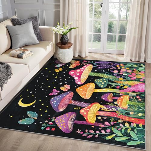 MMYAOKEN Pilz Teppich Wohnzimmer 140x200 Kinder Bunt Pilze Botanisch Deko, Teppich Kurzflor, Weich rutschfest Waschbare Teppiche, Bettvorleger Schlafzimmer Kinderzimmer von MMYAOKEN