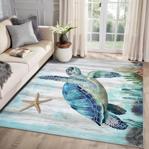 MMYAOKEN Schildkröte Teppich Wohnzimmer 60x90 Meeresschildkröte Küste Deko, Kleiner Teppich Kurzflor, Weich rutschfest Waschbare Teppiche, Fußmatte Bettvorleger Schlafzimmer Kinderzimmer von MMYAOKEN