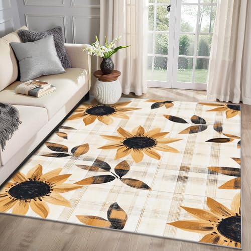 MMYAOKEN Sonnenblumen Teppich Wohnzimmer 40x60 Gelb Blumen Rustikal Kariert Deko, Kleiner Teppich Kurzflor, Weich rutschfest Waschbare Teppiche, Fußmatte Bettvorleger Schlafzimmer von MMYAOKEN