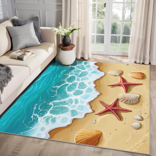 MMYAOKEN Strandmotiv Teppich Wohnzimmer 160x200 Seestern Muscheln Meer Küste Deko, Großer Teppich Kurzflor, Weich rutschfest Waschbare Teppiche, Bettvorleger Schlafzimmer Kinderzimmer von MMYAOKEN