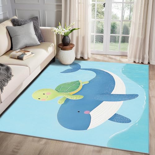 MMYAOKEN Wal Teppich Wohnzimmer 100x200 Kinder Schildkröte Meerestiere Deko, Teppich Kurzflor, Weich rutschfest Waschbare Teppiche, Bettvorleger Schlafzimmer Kinderzimmer von MMYAOKEN