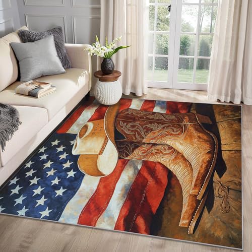 MMYAOKEN Western Cowboy Teppich Wohnzimmer 140x200 Amerikanische Flagge Deko, Teppich Kurzflor, Weich rutschfest Waschbare Teppiche, Bettvorleger Schlafzimmer Kinderzimmer von MMYAOKEN