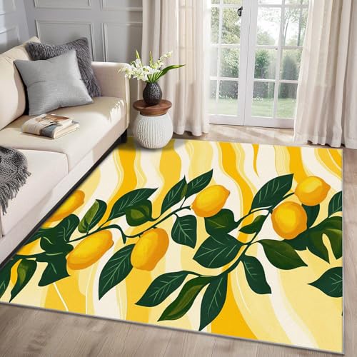 MMYAOKEN Zitrone Teppich Wohnzimmer 60x90 Zitronenmuster Gelbe Früchte Deko, Kleiner Teppich Kurzflor, Weich rutschfest Waschbare Teppiche, Fußmatte Bettvorleger Schlafzimmer Kinderzimmer von MMYAOKEN