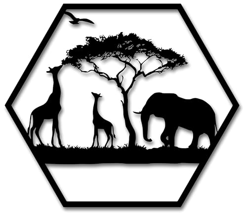 MMshop Wanddekoration Afrika. Panel dekoratives. Bild: Safari, Giraffe, Elefant, Baum. Ozdoba wisząca. Obraz 3D (40cm). von MMshop