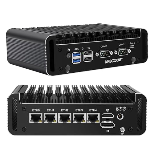 MNBOXCONET Fanless Mini PC J6413 Firewall Industrial, Micro Appliance Hardware 16GB RAM 1TB SSD Computer 5 x 2.5GbE I226-V LAN, OPNsense, 2xRS233 COM, USB C, AES-NI, Triple Display von MNBOXCONET