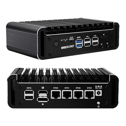 MNBOXCONET Firewall Mini PC Appliance Core i3 N305, Small Lüfterlos Computer 4 x 2.5GbE I226-V LAN, DDR5 16GB RAM 256GB SSD, Windows 11 Pro, Micro Router OPNsense, TF Slot, HD, DP von MNBOXCONET