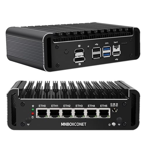 MNBOXCONET Mini PC Firewall Lüfterlos Core i5 1240P(up to 4.4GHz), DDR5 16GB RAM 512GB SSD Micro Appliance Hardware Computer 6 x 2.5GbE I226-V LAN, Win 11 Pro, OPNsense, USB C, TF, AES-NI von MNBOXCONET