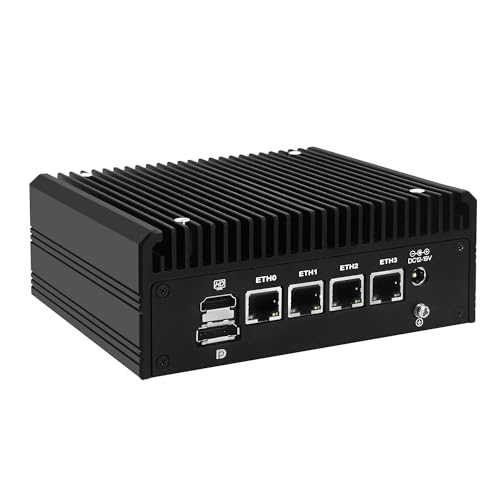 MNBOXCONET Mini PC Lüfterlos AMD Ryzen 5 5500U (6C/12T), Micro Firewall Desktop Computer Büro Win 11 Pro, DDR4 8GB RAM 256GB NVME SSD, 4 x i226V 2.5GbE LAN, USB C HD DP Triple Display von MNBOXCONET