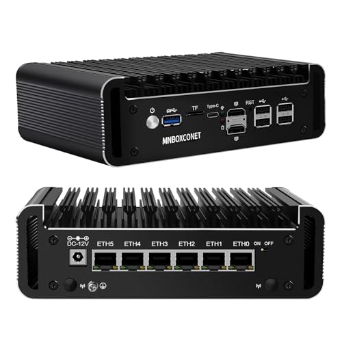 MNBOXCONET Mini PC N150 Firewall Lüfterlos (up to 3.6GHz), DDR5 32GB RAM 2TB SSD Micro Appliance Hardware Computer 6 x 2.5GbE I226-V LAN, Windows, OPNsense, Type C, TF, AES-NI von MNBOXCONET