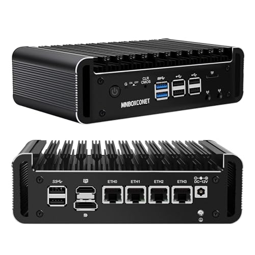 MNBOXCONET Mini PC N355 Firewall Lüfterlos (up to 3.9GHz), DDR5 16GB RAM 512GB SSD Micro Appliance Hardware Computer 4 x 2.5GbE I226-V LAN, Windows, OPNsense, Type C, TF, AES-NI von MNBOXCONET