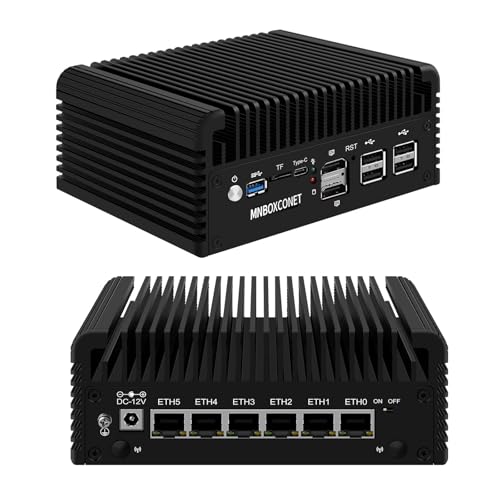 MNBOXCONET N150 Mini PC Firewall Lüfterlos (bis zu 3.6GHz), 6 x 2.5GbE I226-V LAN Fanless Micro Appliance Hardware Computer DDR5 16GB RAM 512GB SSD, Windows, OPNsense, Type C, Triple Display von MNBOXCONET