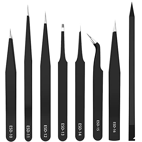 7Stk ESD Pinzetten Set, MNBS Präzisions Antistatisch Edelstahl + Brechstange Toolkit,Reparatur Werkzeug,Modellbau Pinzette für Computer Elektronische Reparaturen Schmuck Präzisionsarbeit Laborarbeit von MNBS