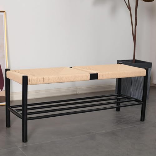 MNBVH Ottomane Stuhlschuhbank - Modernes Bauernhaus -Design mit handgewebten Baumwollseil - Innen-/Außenschuhregal für Schlafzimmer Eingangsflur - Natural Eiche Finish von MNBVH