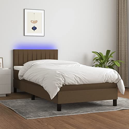 MNISDFL Bett kopfteil Bodenbett Schlafzimmer möbelEinzelbett Boxspringbett mit Matratze & LED Dunkelbraun 90x190 cm Stoff von MNISDFL