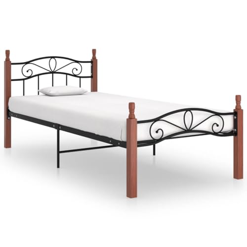 MNISDFL Bett kopfteil Bodenbett Schlafzimmer möbelEinzelbett Massivholzbett Schwarz Metall und Eiche 100x200 cm von MNISDFL