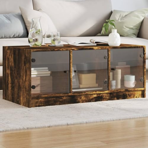 MNISDFL Couchtisch mit Glastüren Räuchereiche couchtisch Couchtische for Wohnzimmer Esszimmer 102x50x42 cm von MNISDFL