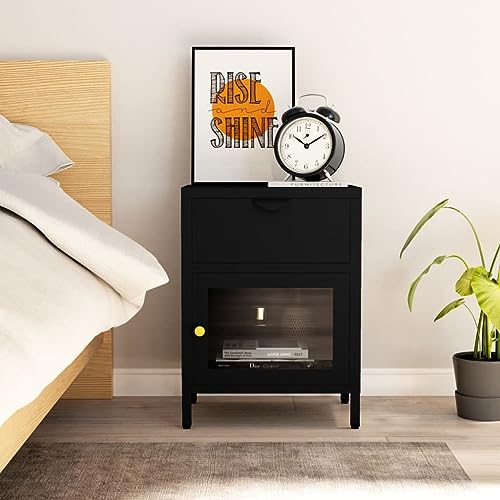 MNISDFL Nachttisch Schwarz nachtschrank Bedside Table for Wohnzimmer Zimmer 40x30x54,5 cm Stahl und Glas von MNISDFL