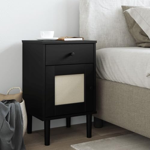 Nachttisch SENJA Rattan-Look Schwarz kommode mit schubladen badschrank schmal for Zimmer Schlafzimmer 40x35x65 Massivholz Kiefer von MNISDFL