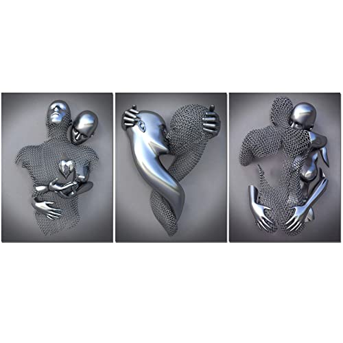 MNJR Bilder auf Leinwand Liebe Herz Kunst 3er Set, Bild Kunstdruck Kuss 3D Metallfigur Statue Wandkunst Deko, Ohne Rahmen, Modern Poster Wanddeko für Wohnzimmer Wanddekoration (A) von MNJR