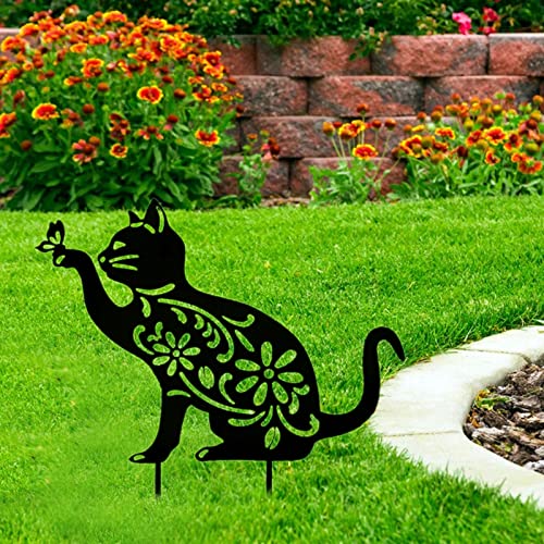 Gartendeko Rost Katze Gartenstecker Metall Katze Rost Deko Garten Statuen, Silhouette Katze Gartenfigur Deko Katze Garten Beetstecker für Garten Hof Rasen Landhaus Outdoor Ornamente (A) von MNJR