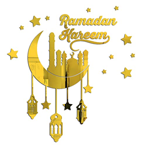 MNJR Ramadan Dekoration Set, Spiegel Wandsticker Eid Mubarak Wanddeko Acryl Wandaufkleber Selbstklebend Mond Stern Laterne Wandtattoo für DIY Muslimische Festival Deko, Gold von MNJR