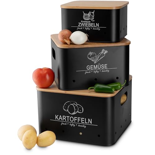 MNKsolution Kartoffel Aufbewahrungsbox mit Deckel - 3er Set - länger frisch - Kartoffel Gemüse Zwiebel Knoblauch Aufbewahrung - Küchenorganizer - Vorratsbehälter Schwarz von MNK_solution