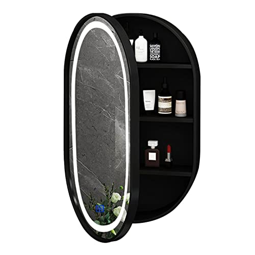 MNOIINM Kosmetikspiegel-Spiegelschrank, ovaler Badezimmer-Spiegelschrank, Wandmontage, Holz, Badezimmer, Medizin, Aufbewahrungsschrank mit Licht (Farbe: Schwarz, Größe: 40 x 70 x 14 cm) von MNOIINM