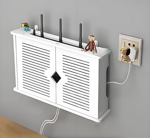 MNOIINM Router Schrank, Router Kasten, Wand Montiertes Schwimmendes WLAN Router Regal für Wohnzimmer Schlafzimmer Wohnung, Wanddekoration Box für WLAN-Router/TV-Decoder, Weiß(A) von MNOIINM