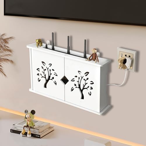 MNOIINM Router Schrank, Router Kasten, Wand Montiertes Schwimmendes WLAN Router Regal für Wohnzimmer Schlafzimmer Wohnung, Wanddekoration Box für WLAN-Router/TV-Decoder, Weiß(B) von MNOIINM