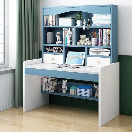 MNOIINM Schreibtisch mit Ablagen und 2 Schubladen, Heimbüro, Computertisch, Schreibarbeitsplatz, höhenverstellbar (Größe: 99 cm, Farbe: Blau) von MNOIINM